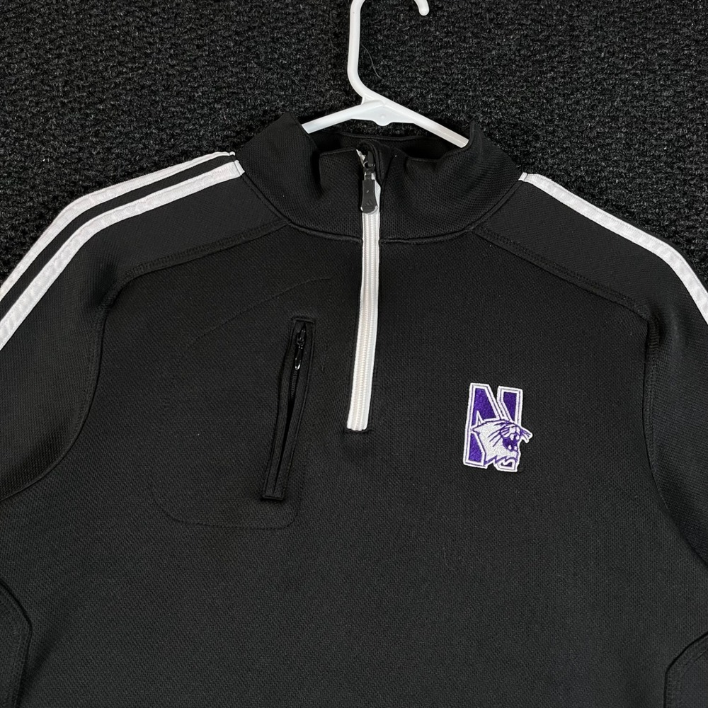 VTG Adidas Northwester‎ Soccer Logo Black White Quarter Zip Sweater Men's Small